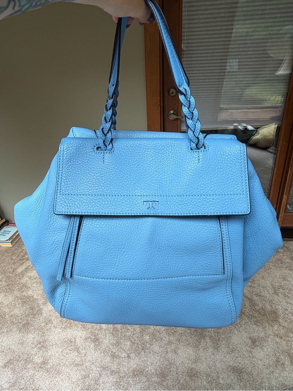 Tory Burch Half Moon LG Blue Braided-Handle Shoulder Bag Detachable Strap